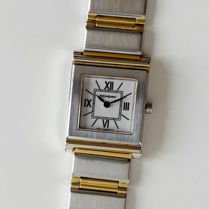 Yves Saint Laurent 1990s Square Dial Two Tone Gold Plated Watch