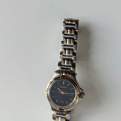 Gucci 1990s Date Round Black Dial Two Tone Gold Plated Watch