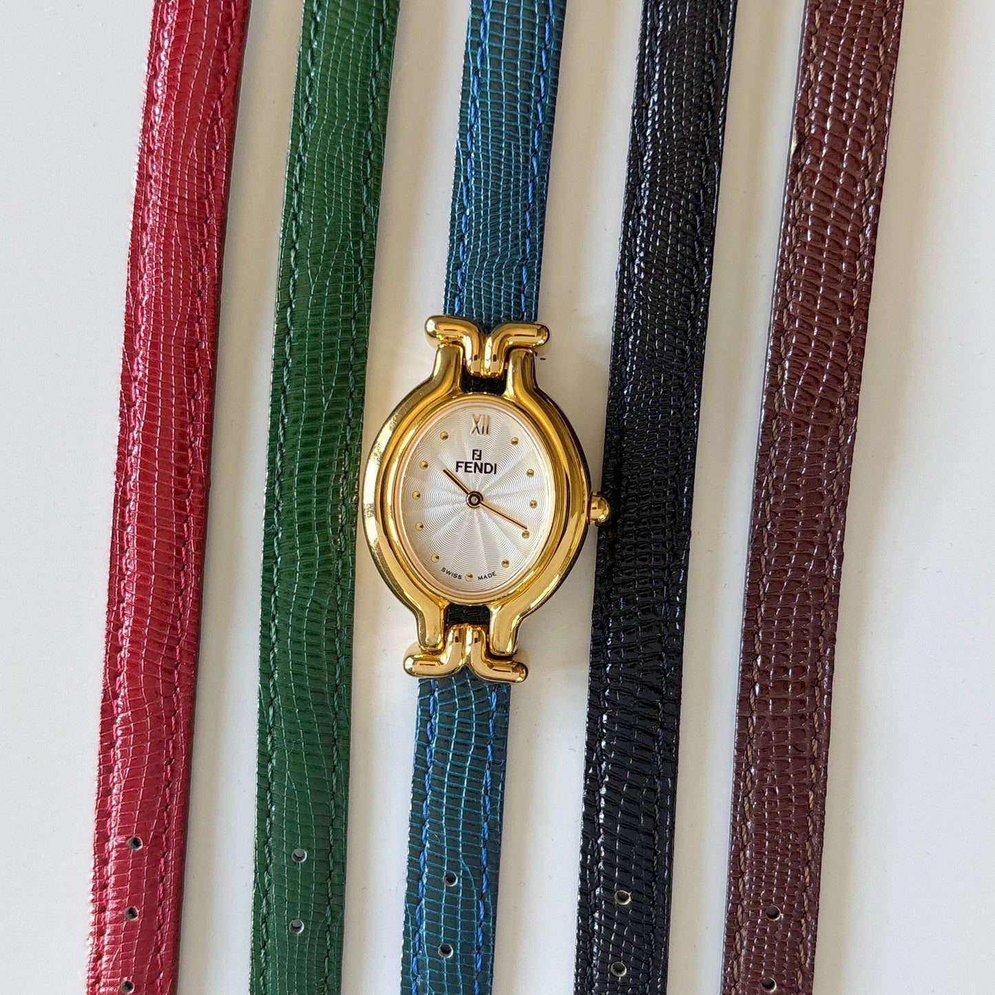Fendi 1990s Interchangeable Strap Gold Plated Watch with 5 straps, case