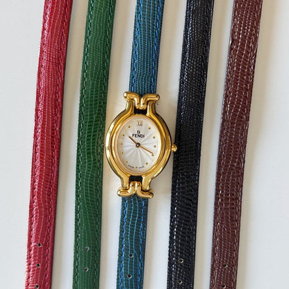 Fendi 1990s Interchangeable Strap Gold Plated Watch with 5 straps, case