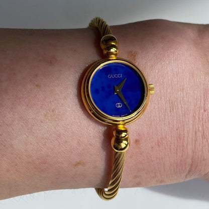 Gucci 1990s Blue Dial Gold Plated Bangle Watch