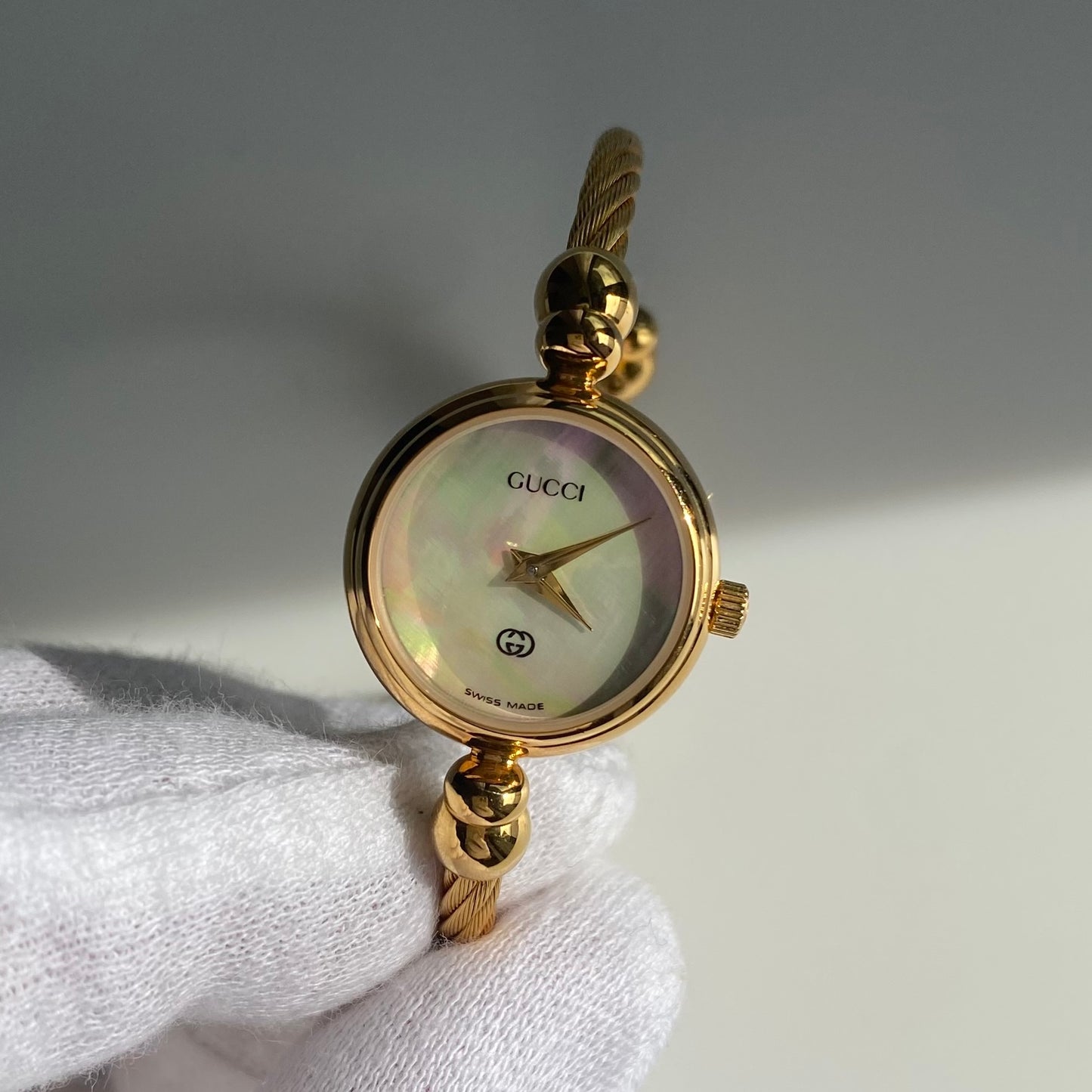 Gucci 1990s Seashell Dial Gold Plated Cable Bangle Watch