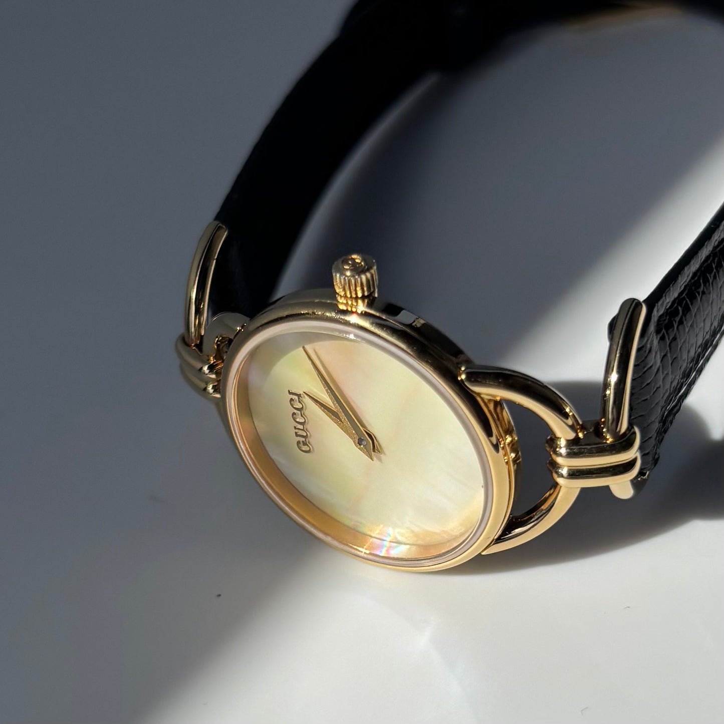 Gucci 1990s Seashell Dial Gold Plated Horsebit Watch