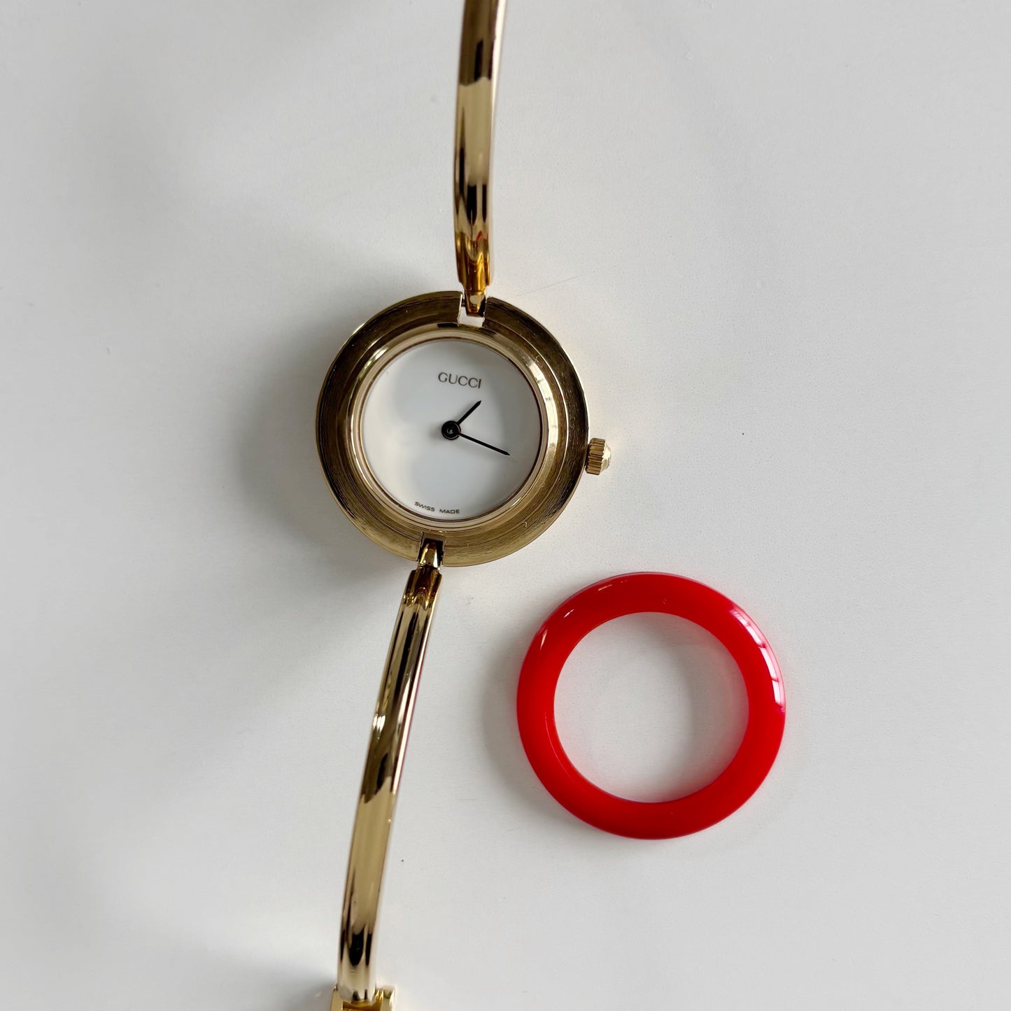 Gucci 1990s Interchangeable Bezel Gold Plated Bangle Watch with case, 12 bezels (Small)