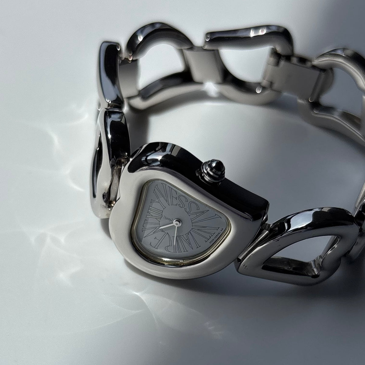 Yves Saint Laurent 1990s Heart Shaped Dial Band Silver Watch