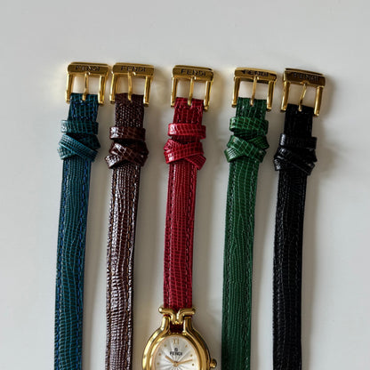 Fendi 1990s Interchangeable Strap Gold Plated Watch with 5 straps, case