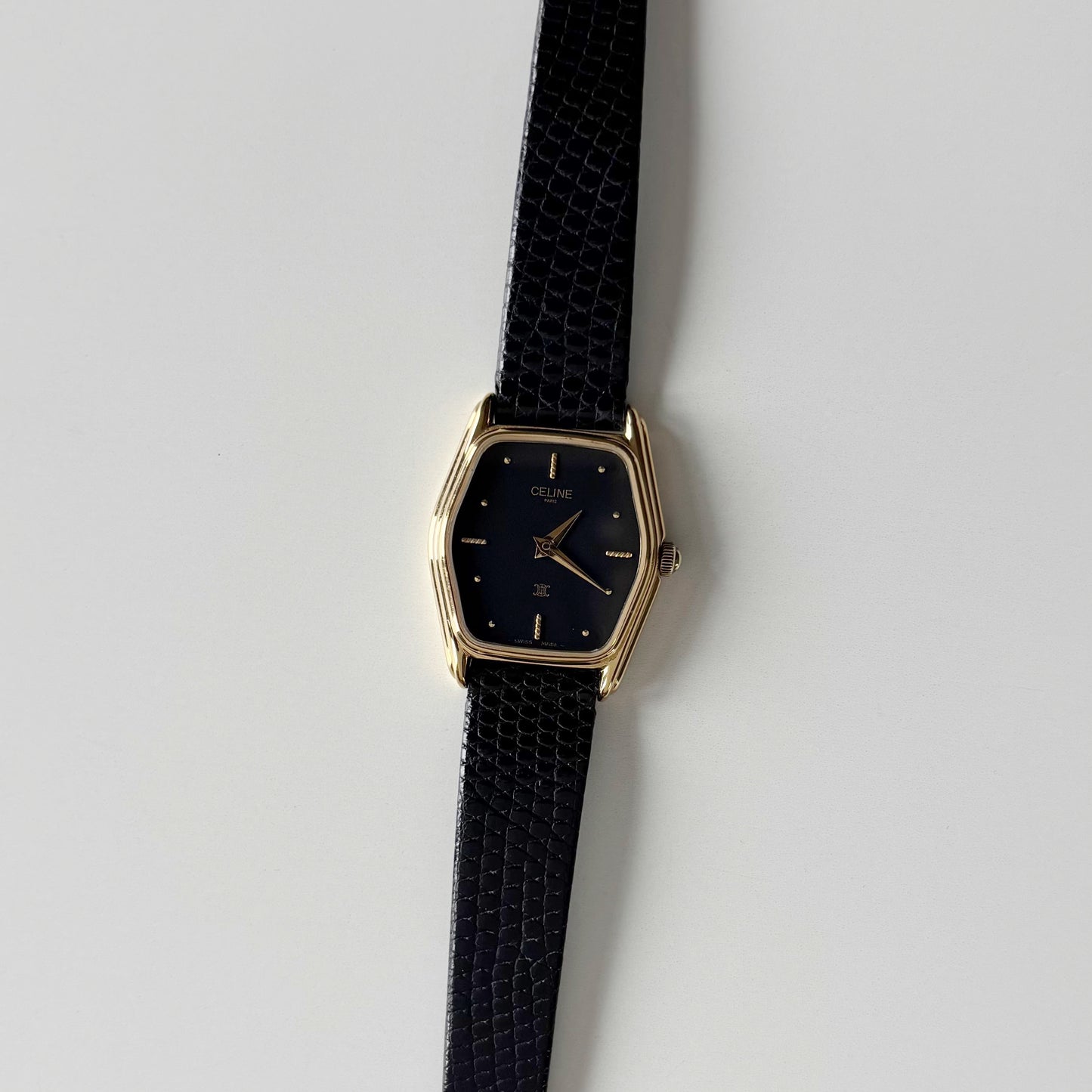 Celine 1980s Black Dial Gold Plated Watch