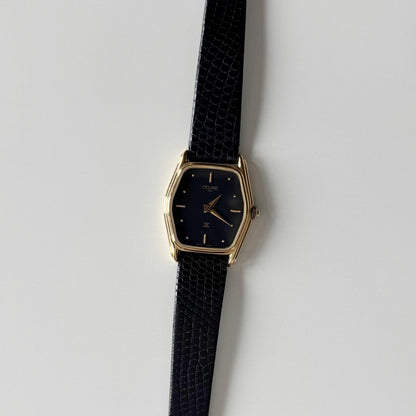 Celine 1980s Black Dial Gold Plated Watch