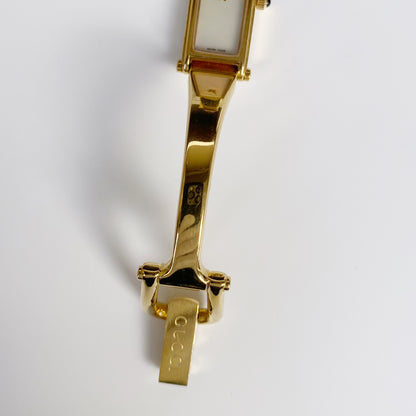 Gucci 1990s Seashell Dial Rectangular Gold Plated Bangle Watch (Small)