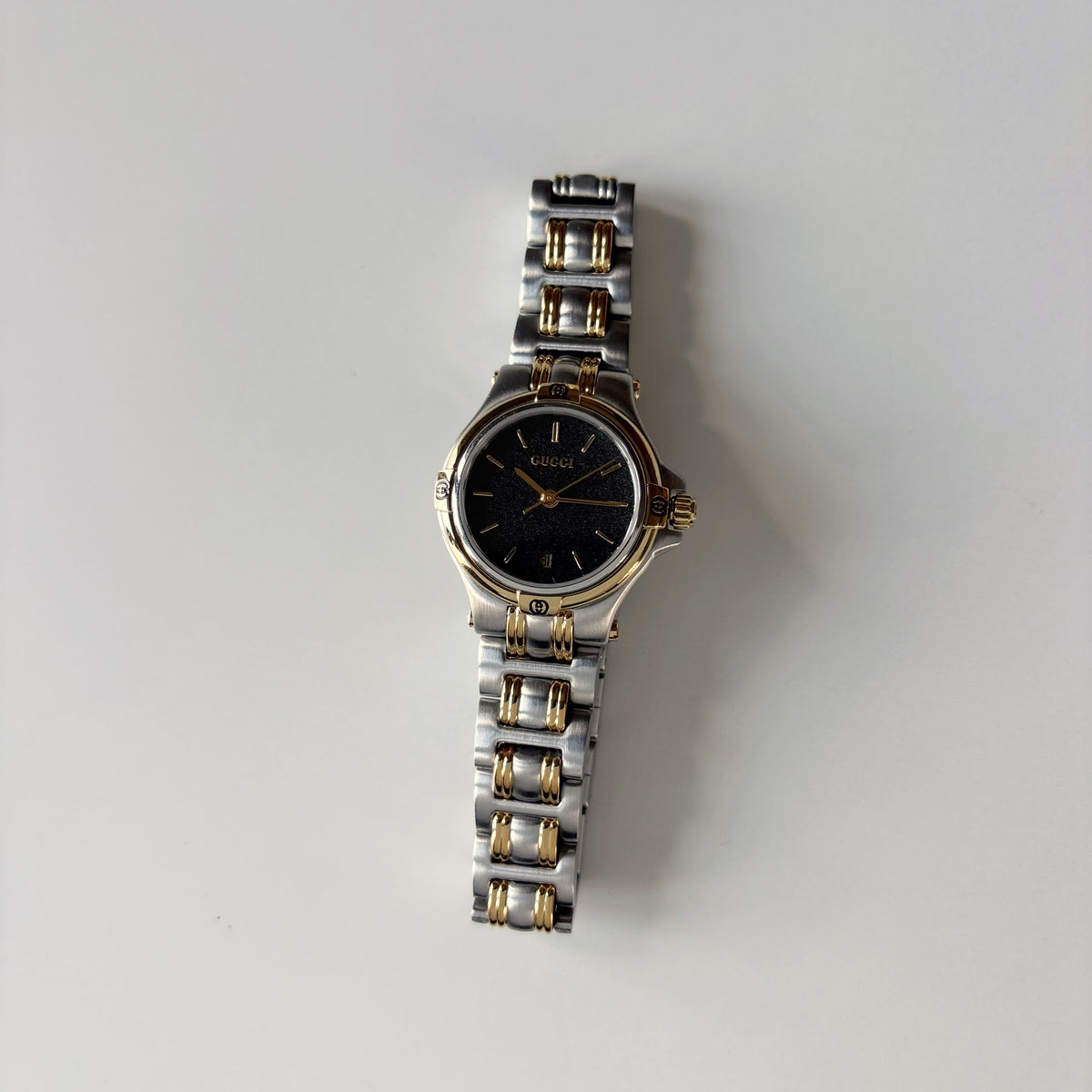 Gucci 1990s Date Round Black Dial Two Tone Gold Plated Watch