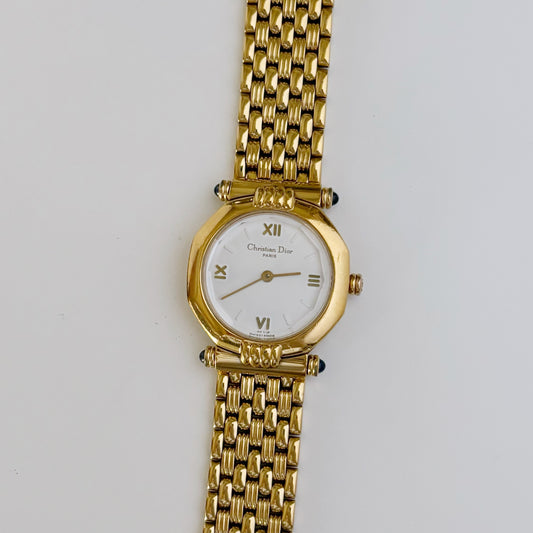 Dior 1990s Octagon White Dial Gold Plated Watch