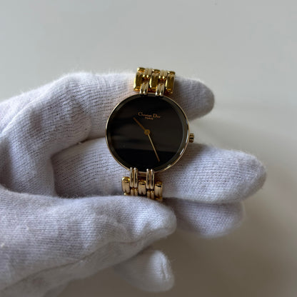 Dior 1990s Bagheera Round Black Dial Gold Plated Watch