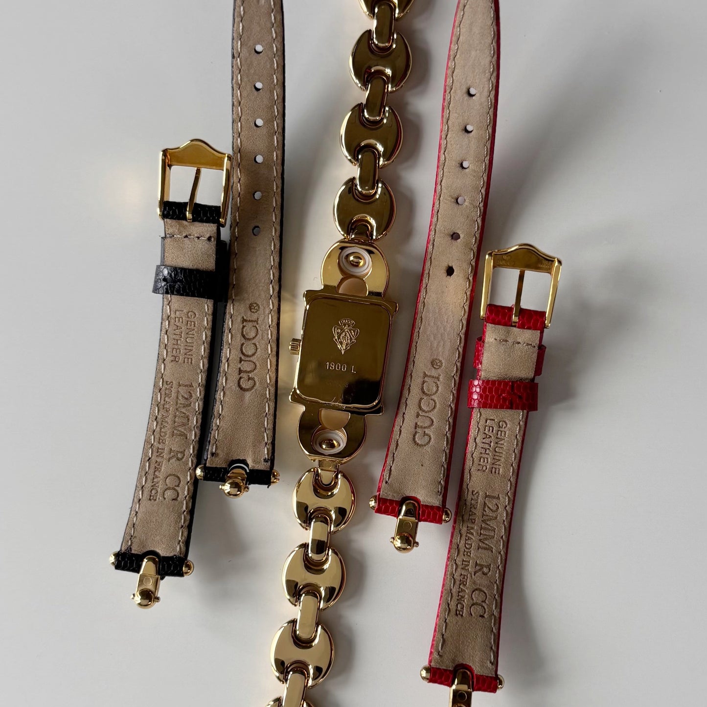 Gucci 1990s Interchangeable Strap Gold Plated Watch with 3 straps, case