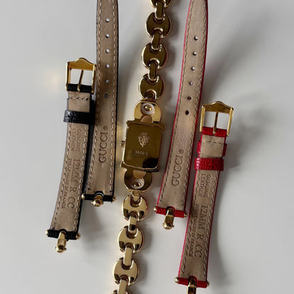 Gucci 1990s Interchangeable Strap Gold Plated Watch with 3 straps, case