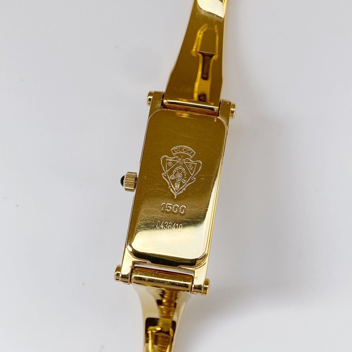 Gucci 1990s Rectangular Seashell Dial Gold Plated Bangle Watch