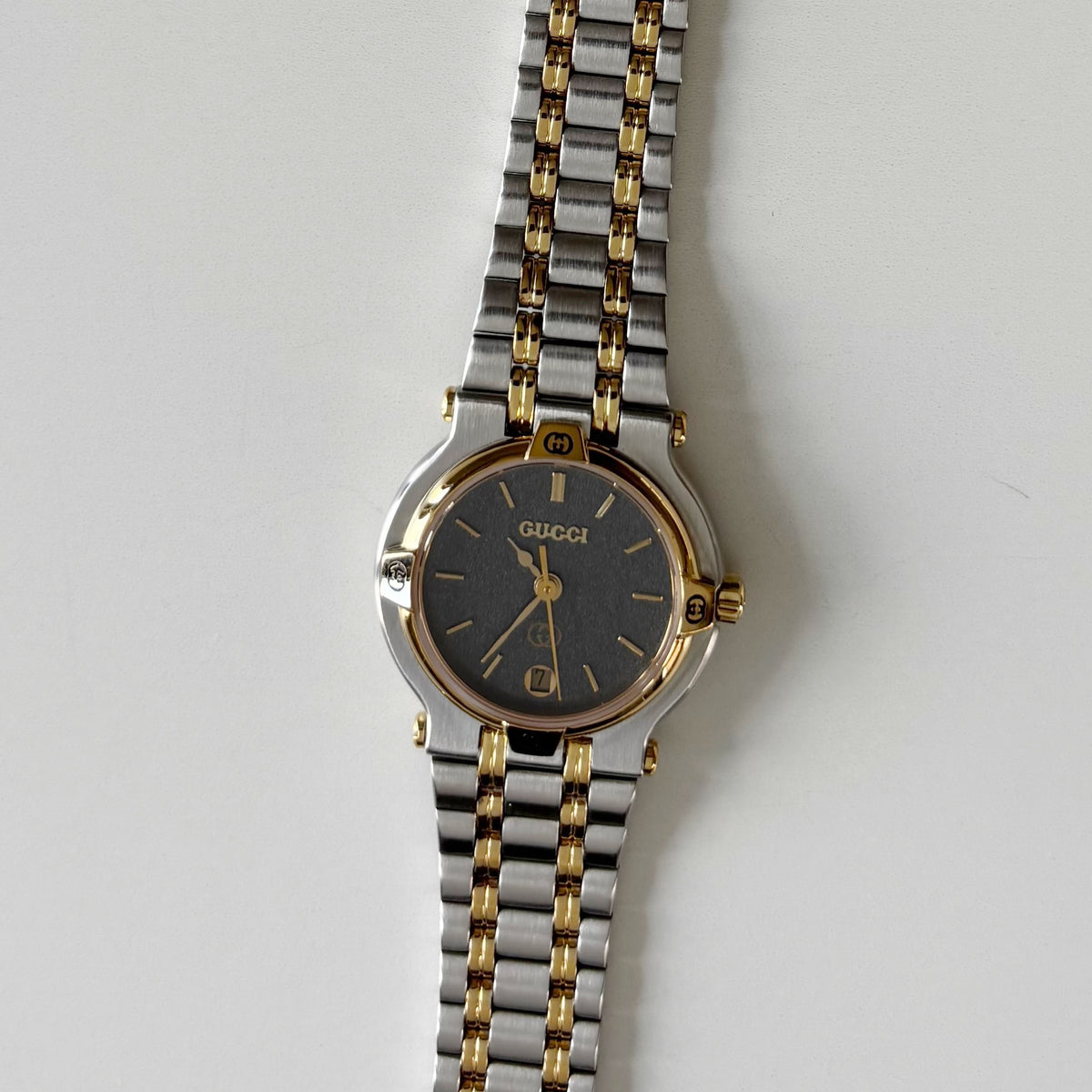 Gucci 1980s Date Round Dial Two Tone Gold Plated Watch