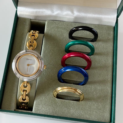 Gucci 1990s Interchangeable Bezel Gold Plated Watch with  6 bezels, case (167mm)