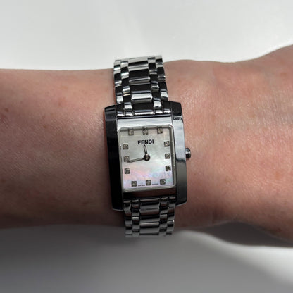 Fendi 1990s Seashell Dial Tank Silver Watch