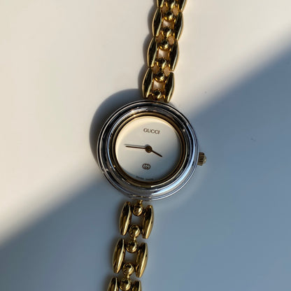 Gucci 1990s Interchangeable Bezel Gold Plated Watch with 6 bezels, case (167mm)