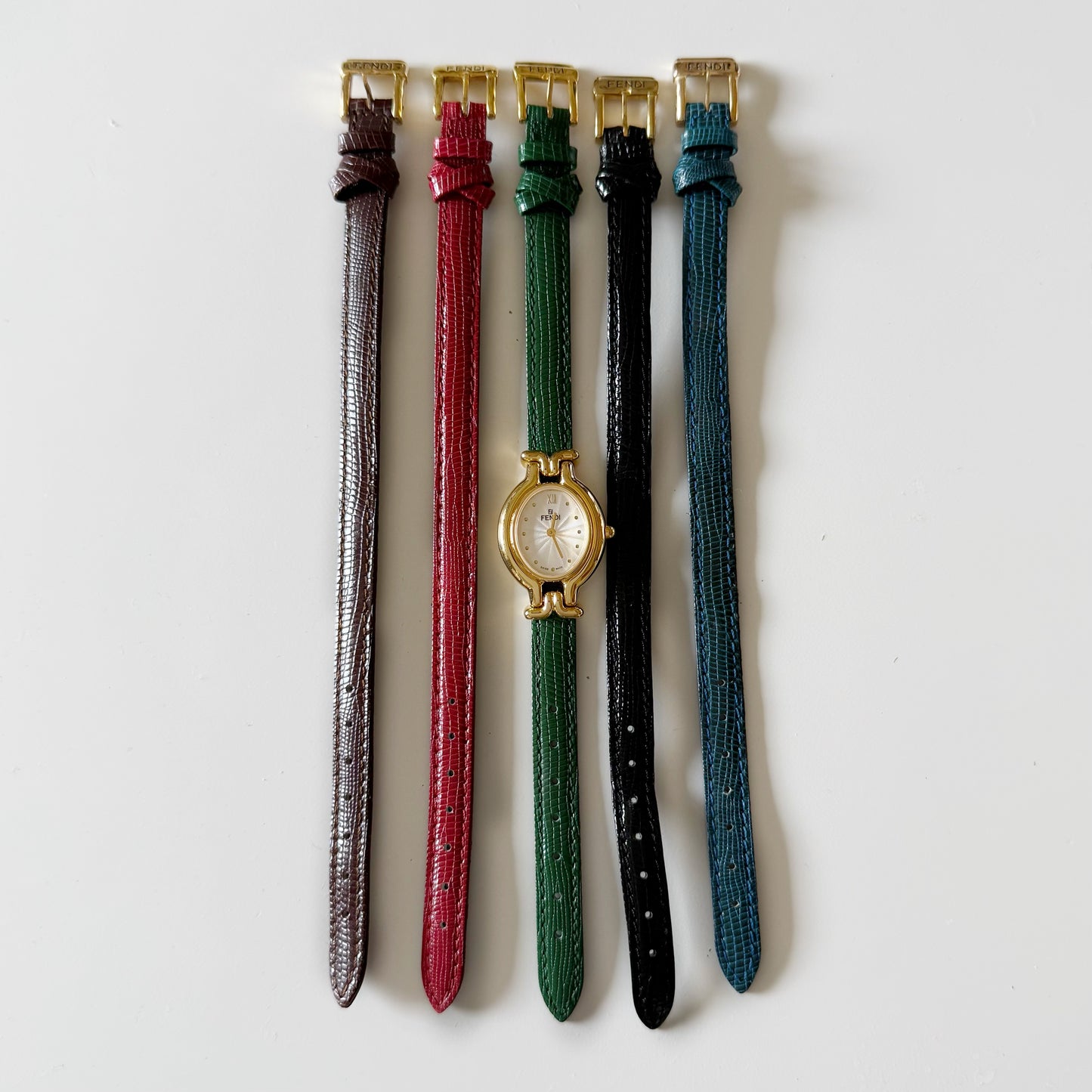 Fendi 1990s Interchangeable Belt Gold Plated Watch with 5 straps, case
