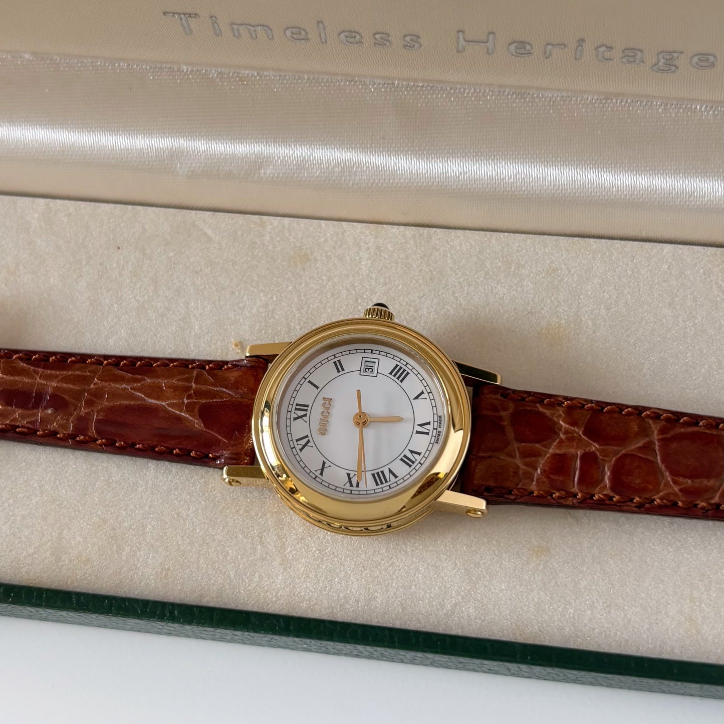Gucci 1990s Date Round Dial Gold Plated Watch