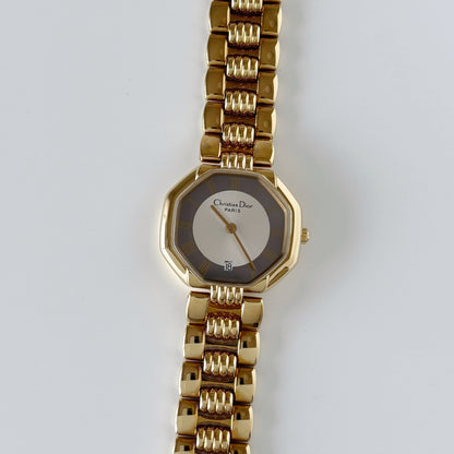 Dior 1990s Date Octagon Gold Plated Watch