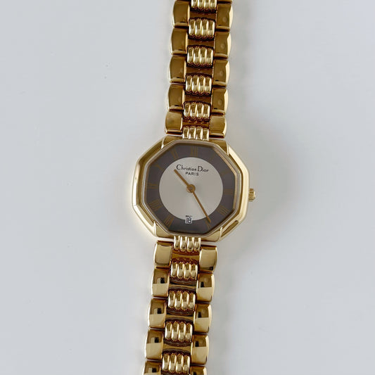Dior 1990s Date Octagon Gold Plated Watch