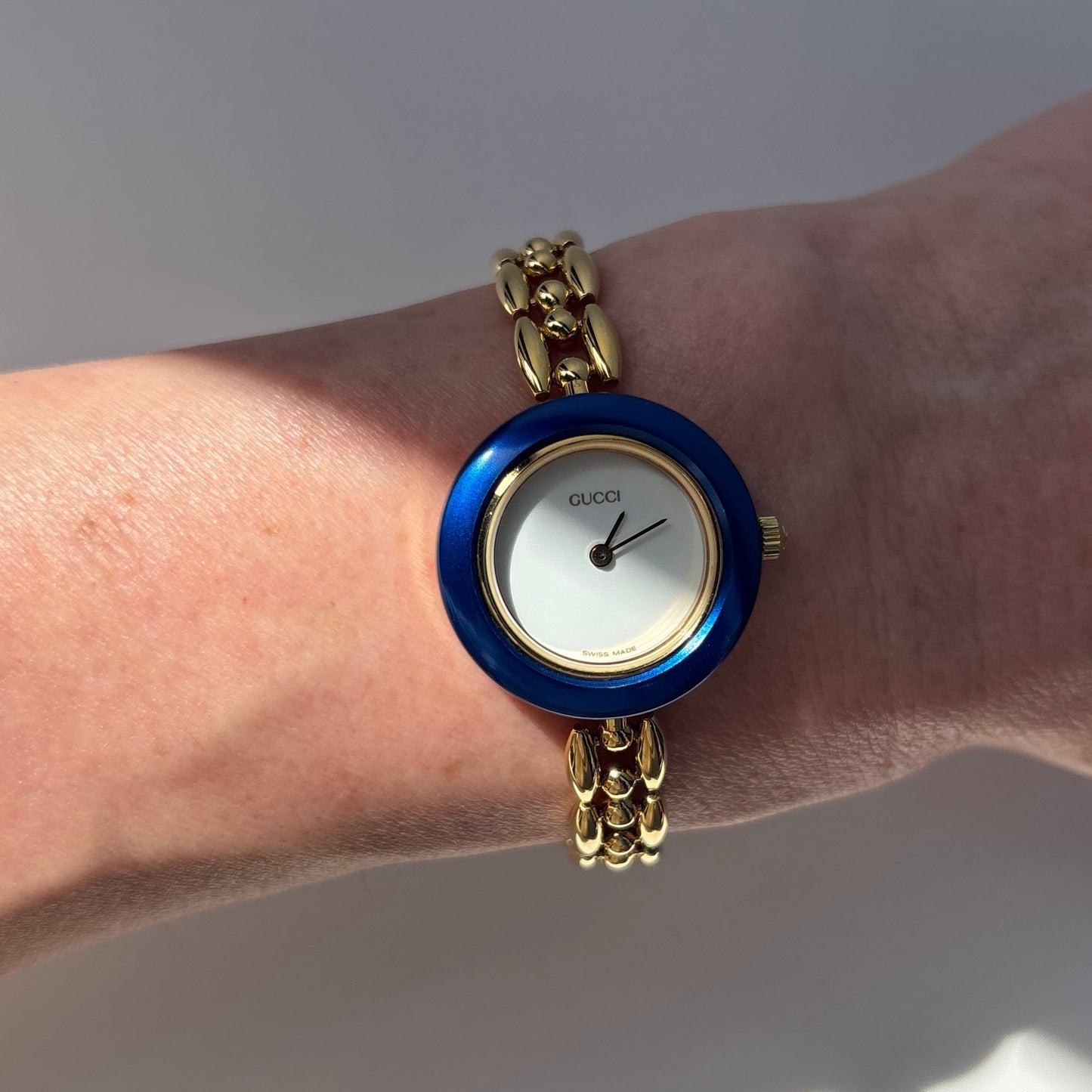 Gucci 1990s Interchangeable Bezel Gold Plated Rice Chain Watch with 6 bezels, case (172mm)