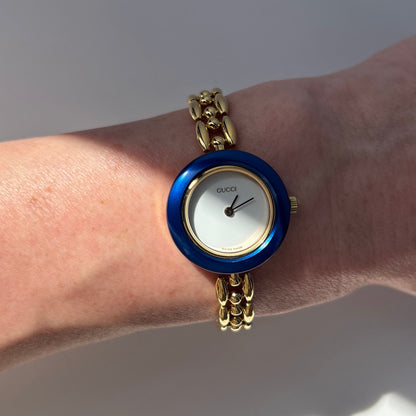 Gucci 1990s Interchangeable Bezel Gold Plated Rice Chain Watch with 6 bezels, case (172mm)