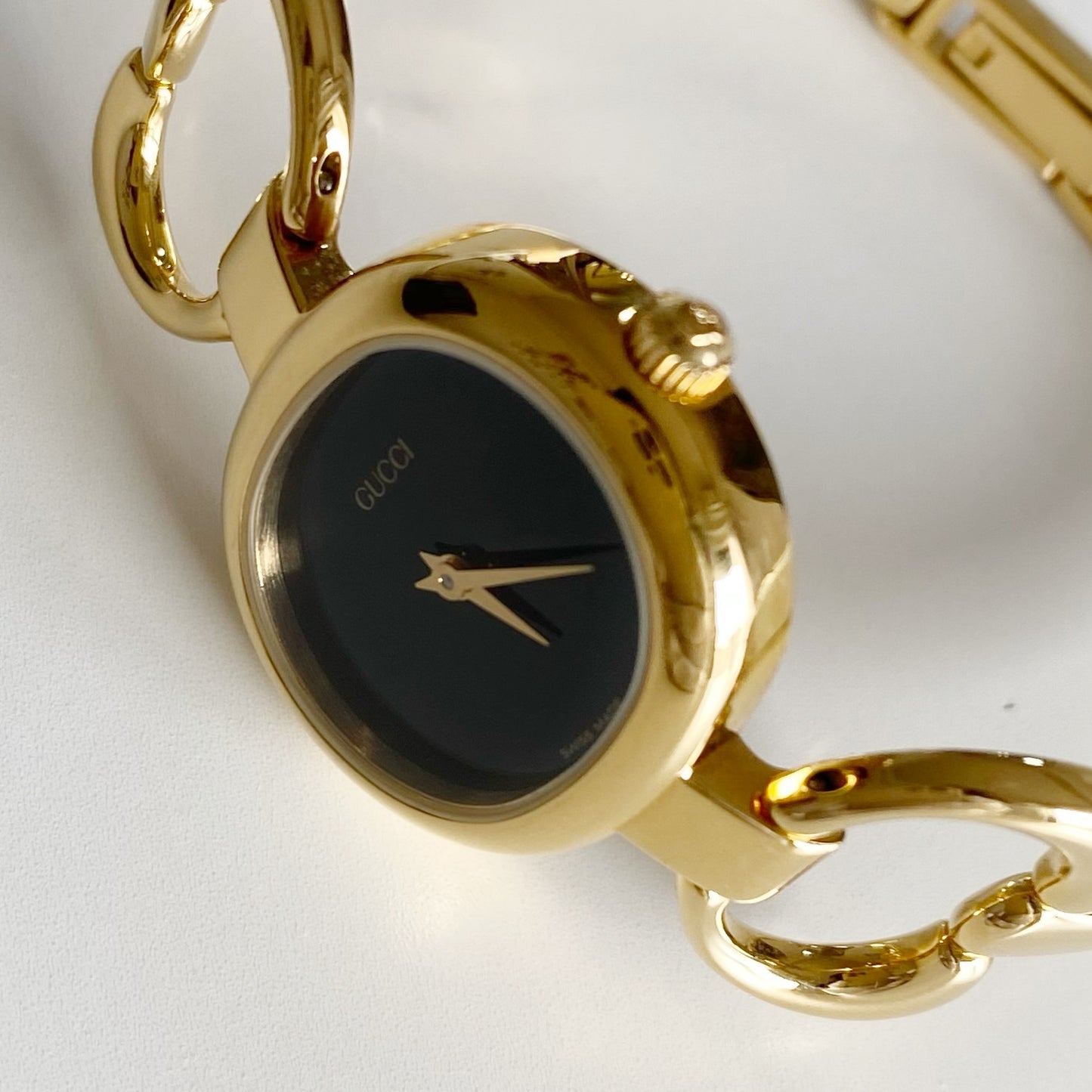 Gucci 1990s Black Dial Gold Plated Bangle Watch