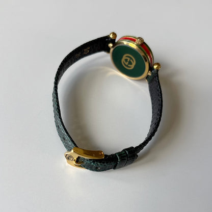 Gucci 1990s Round Dial Cherry Green Gold-Plated Watch