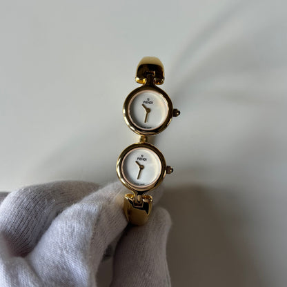 Fendi 1990s Seashell Dial Two Time Zone Gold Plated Bangle Watch