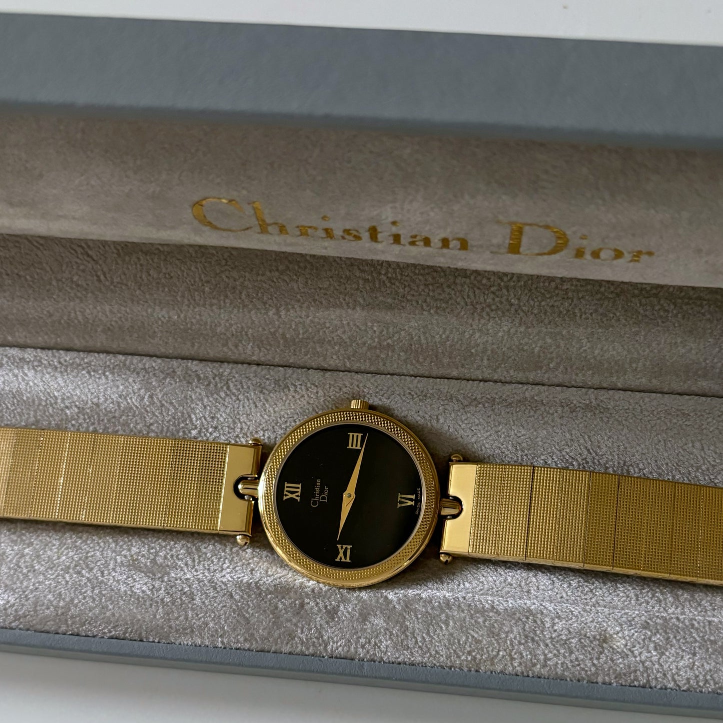 Dior 1990 Black Dial Gold Plated Round Watch (Men's)