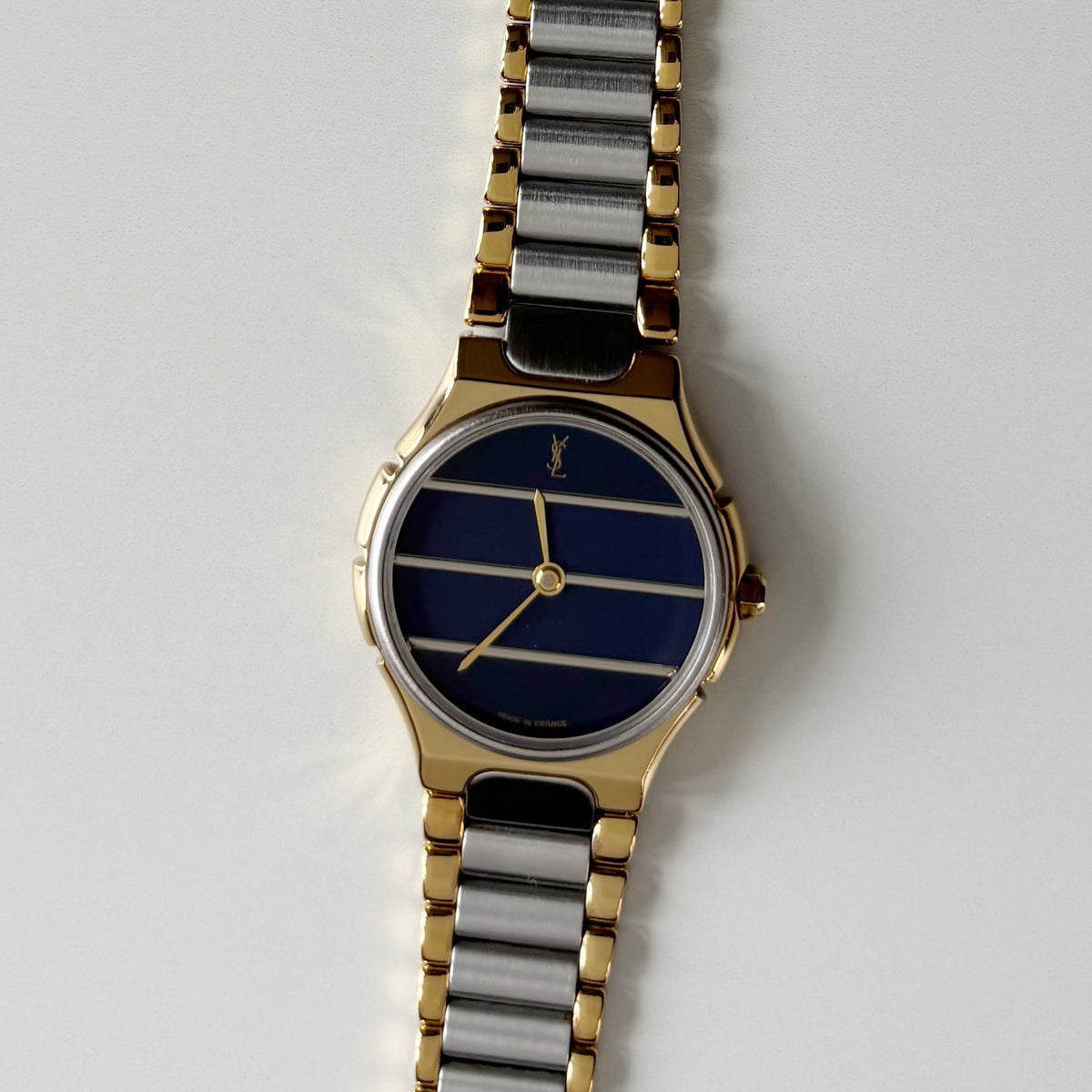 Yves Saint Laurent 1990s Navy Round Dial Two Tone Gold Plated Watch