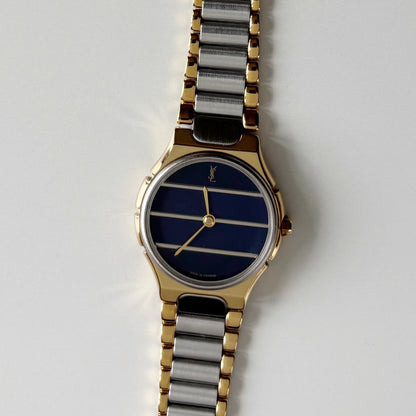 Yves Saint Laurent 1990s Navy Round Dial Two Tone Gold Plated Watch