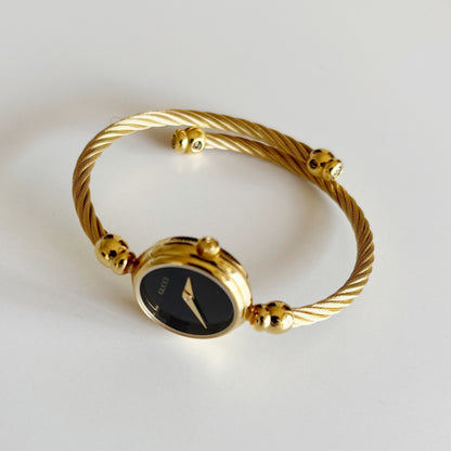 Gucci 1990s Black Dial Gold Plated Cable Bangle Watch