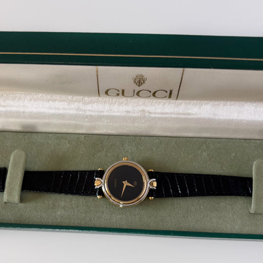 Gucci 1980s Black Round Dial Two Tone Watch