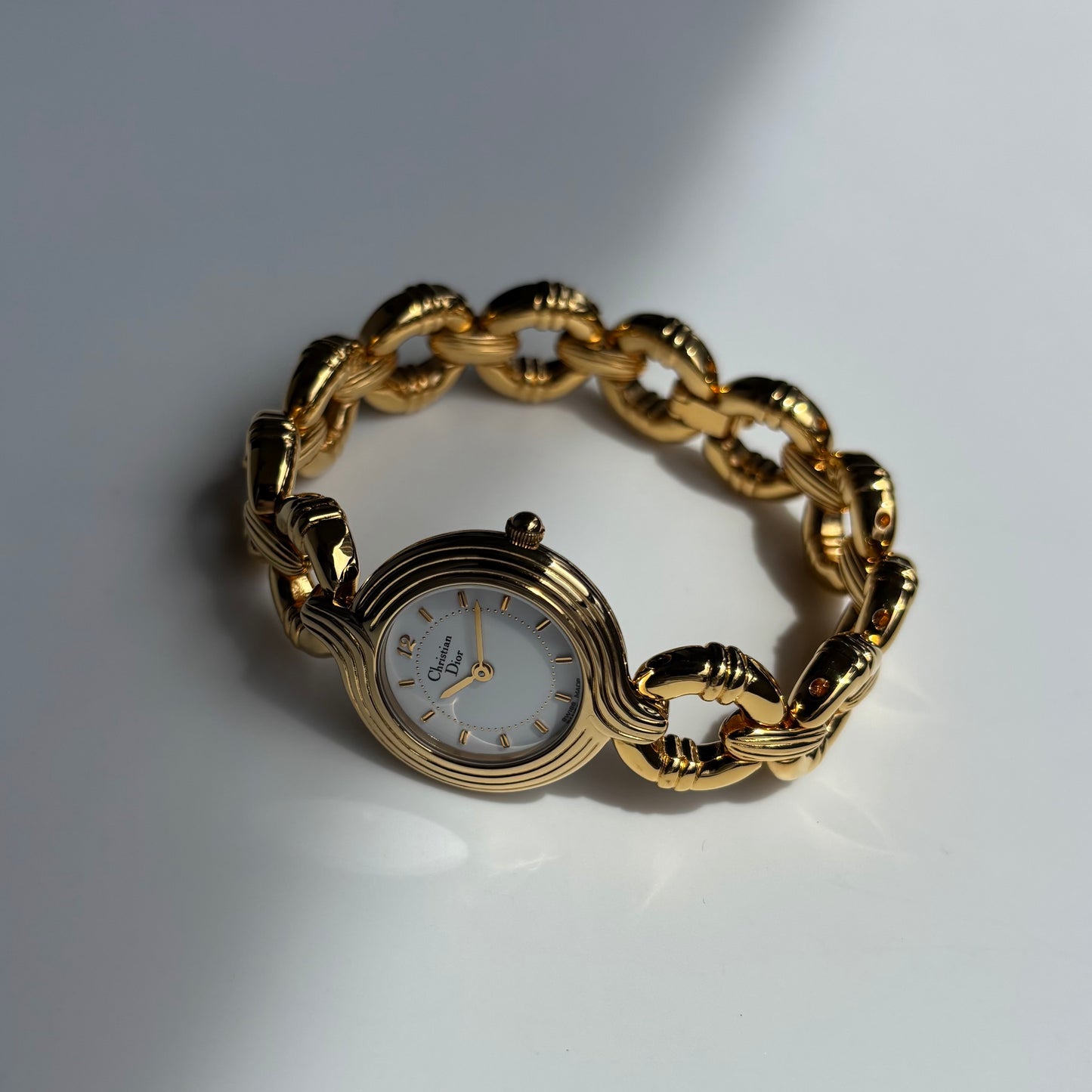 Dior 1990s Round Dial Interchangeable strap Gold Plated Watch with 3 straps, case