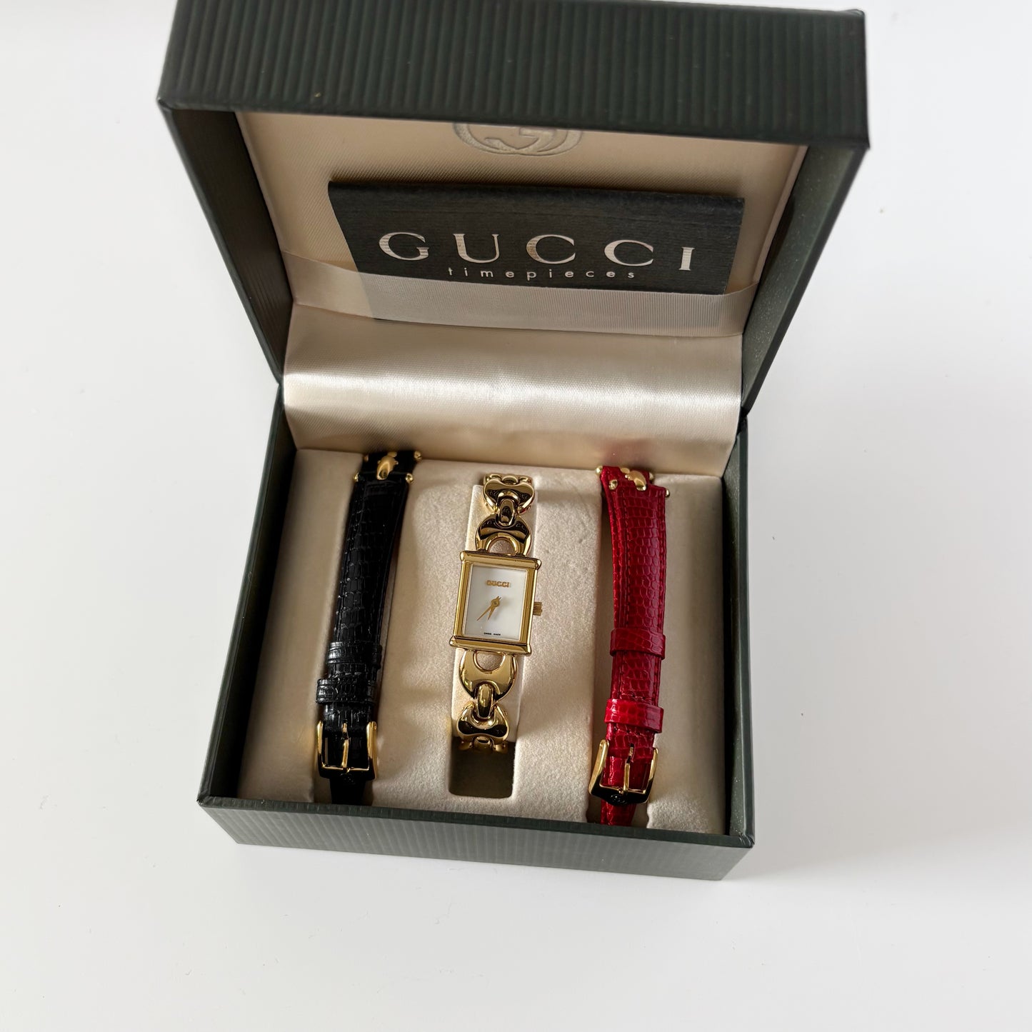 Gucci 1990s Interchangeable Strap Gold Plated Watch with 3 straps, case