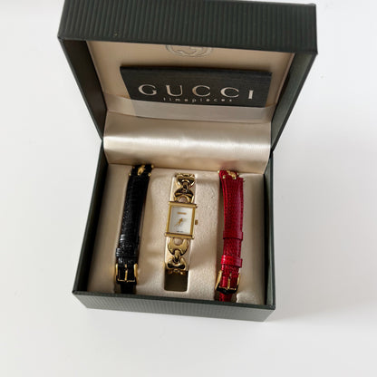 Gucci 1990s Interchangeable Strap Gold Plated Watch with 3 straps, case