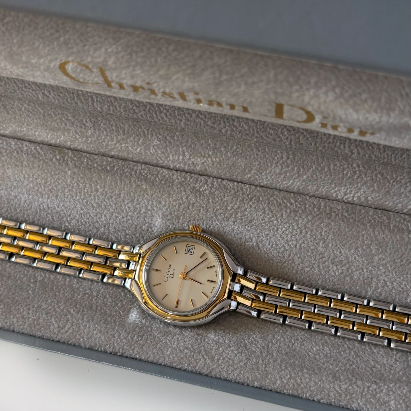Dior 1990s Date Round Dial Two Tone Gold Plated Watch