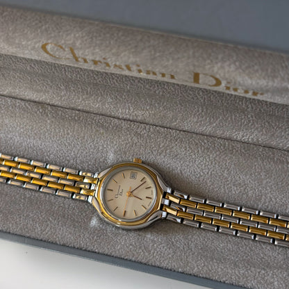 Dior 1990s Date Round Dial Two Tone Gold Plated Watch