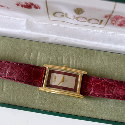 Gucci 1990s Gold Plated Rectangular Red Leather Watch