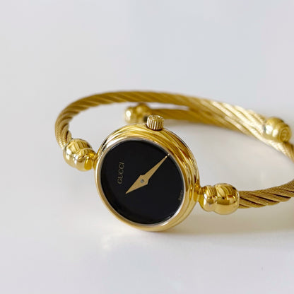 Gucci 1990s Black Dial Gold Plated Cable Bangle Watch