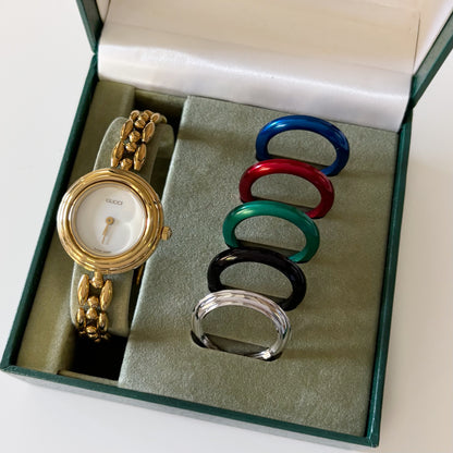 Gucci 1990s Interchangeable Bezel Gold Plated Watch with 6 bezels, case