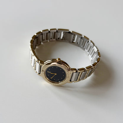 Yves Saint Laurent 1990s Black Round Dial Two Tone Gold Plated Watch