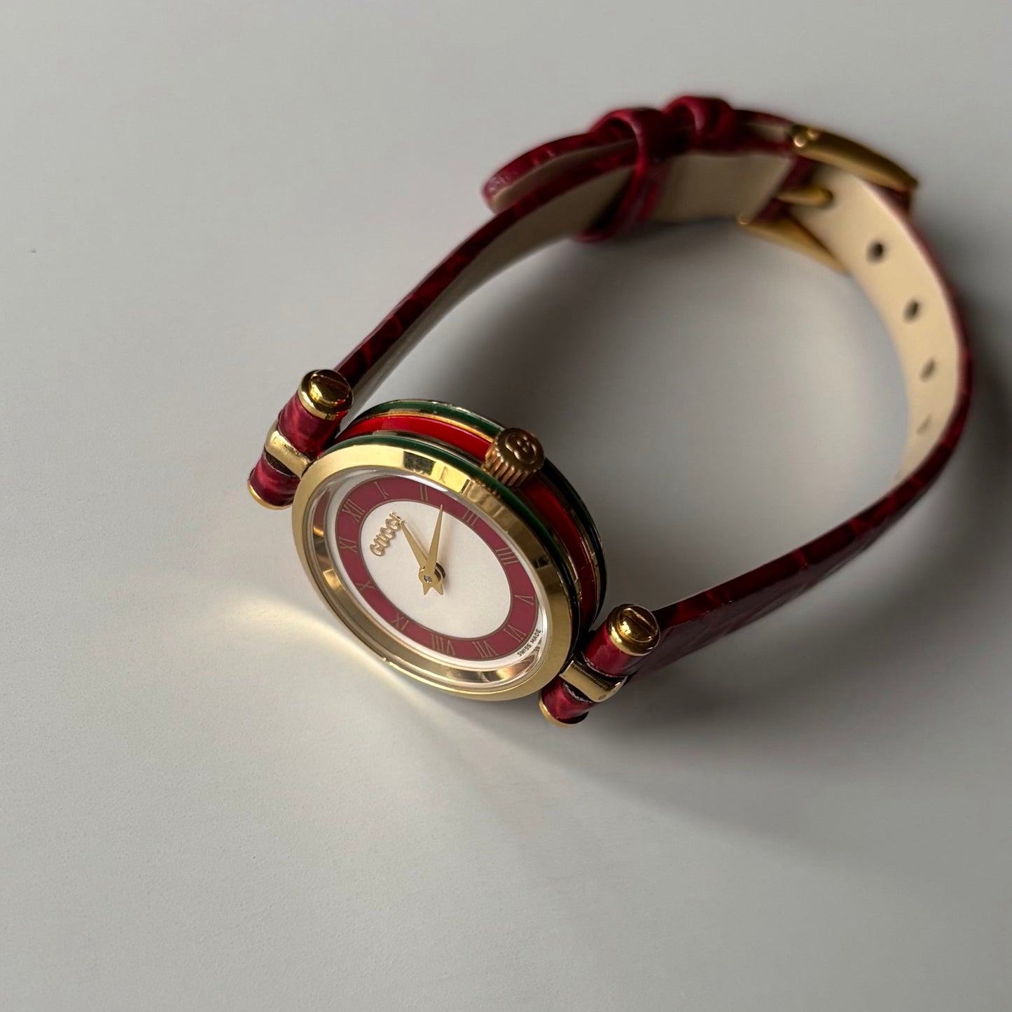 Gucci 1990s Red Dial Sherry Gold Plated Watch
