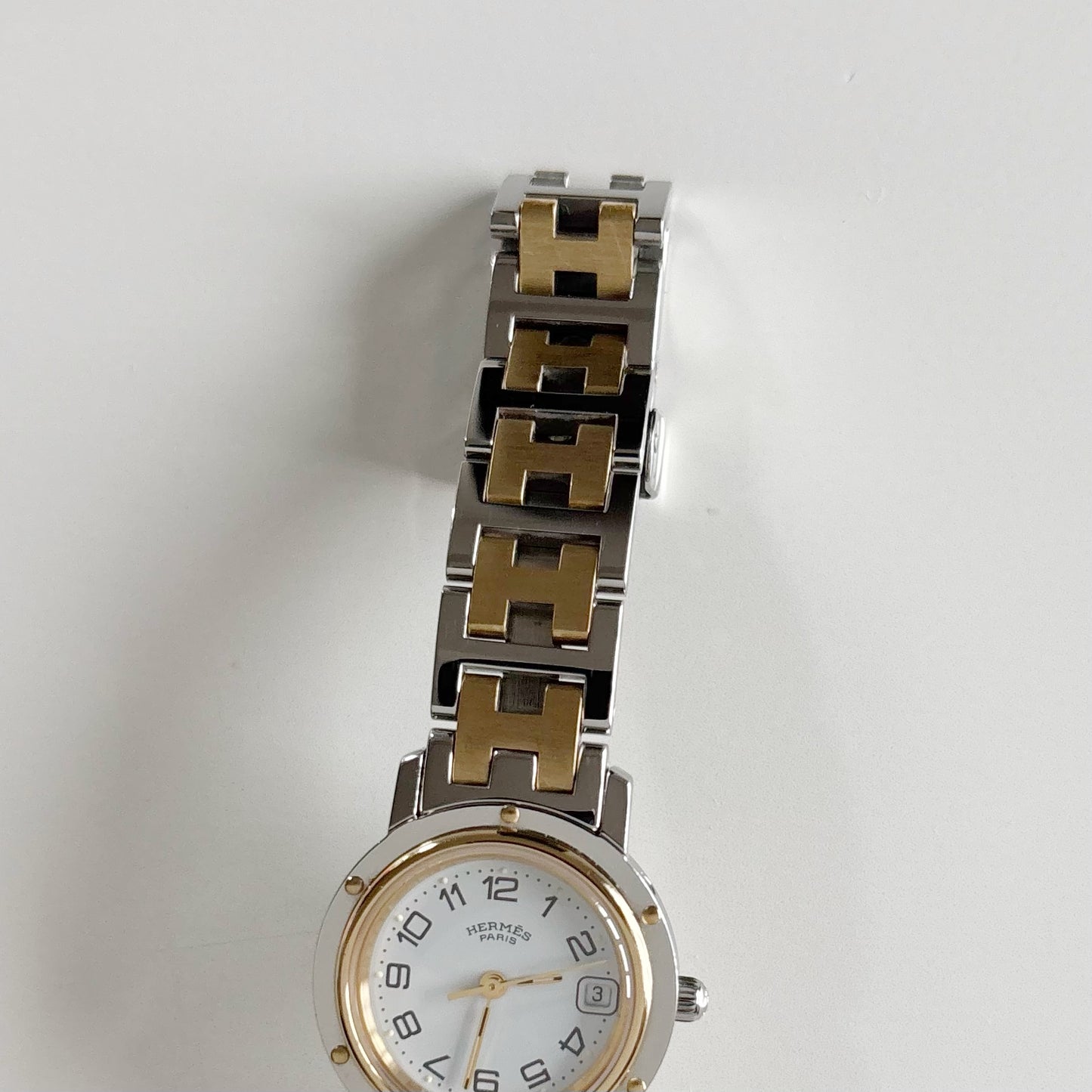 Hermes 1990s Date White Dial Clipper Two Tone Watch