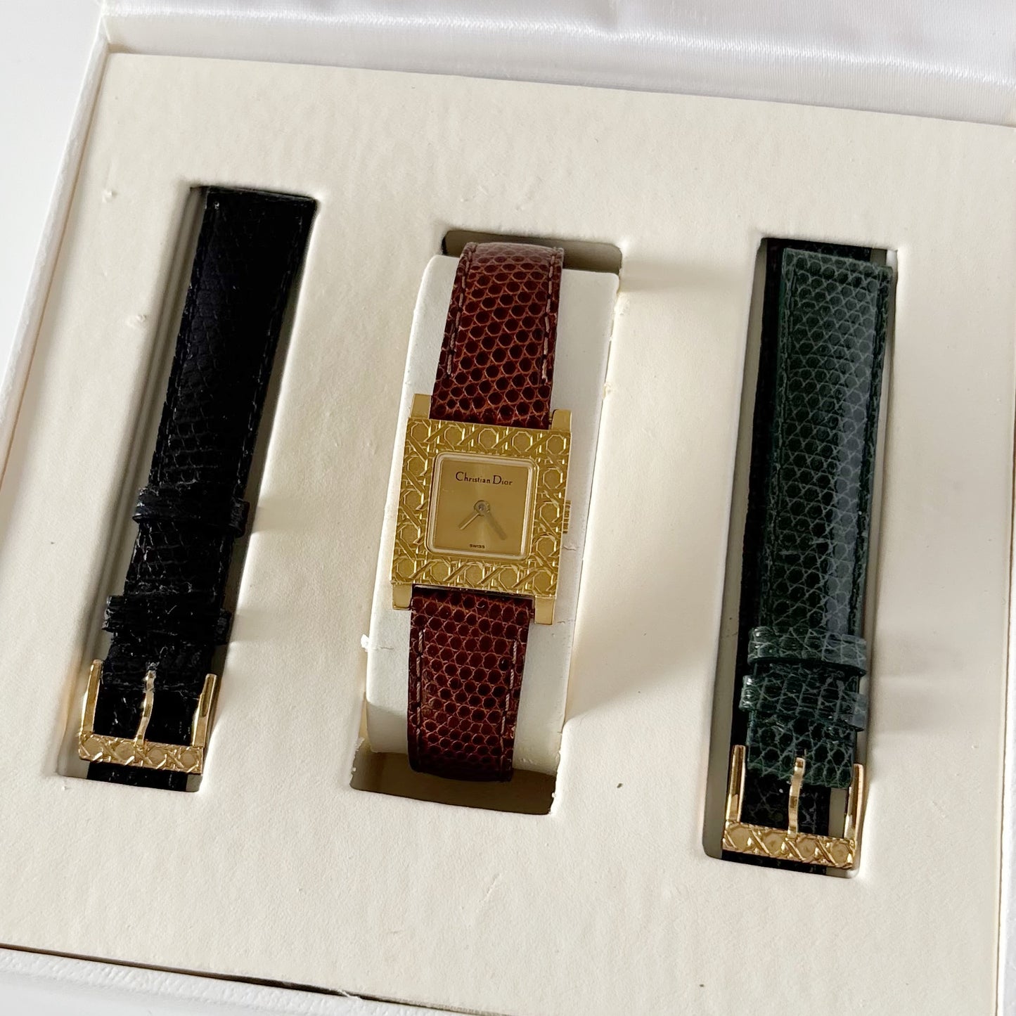 Dior 1990s La Parisienne Interchangeable Strap Gold Plated Watch with 3 straps, case