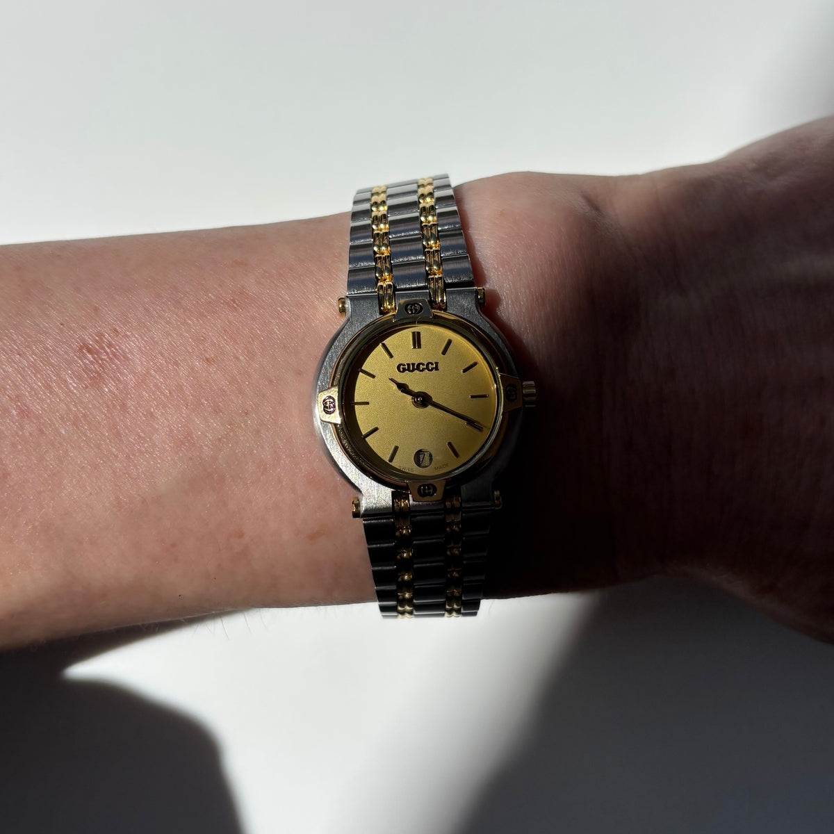 Gucci 1990s Date Round Dial Two Tone Gold Plated Watch